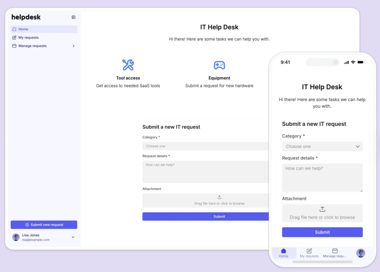 Softr IT help desk app on desktop and mobile, with a request category picker, a request details field, file attachment upload, and My requests and Manage requests navigation