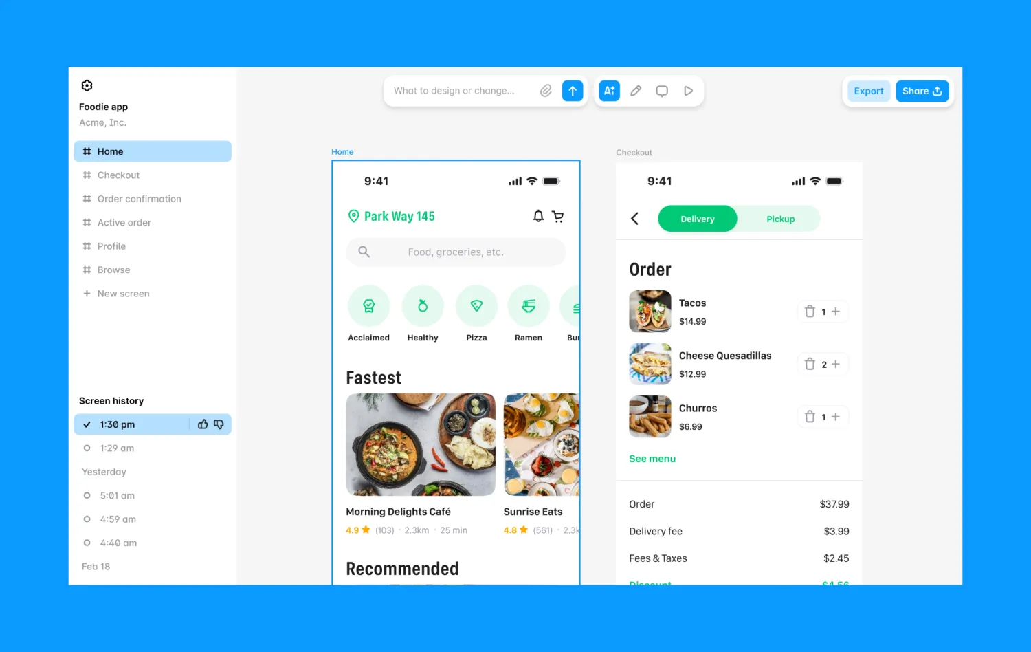 Lovable editor building a food delivery app, with a screen list on the left, a design prompt bar at the top, and Home and Checkout mobile screens previewed side by side