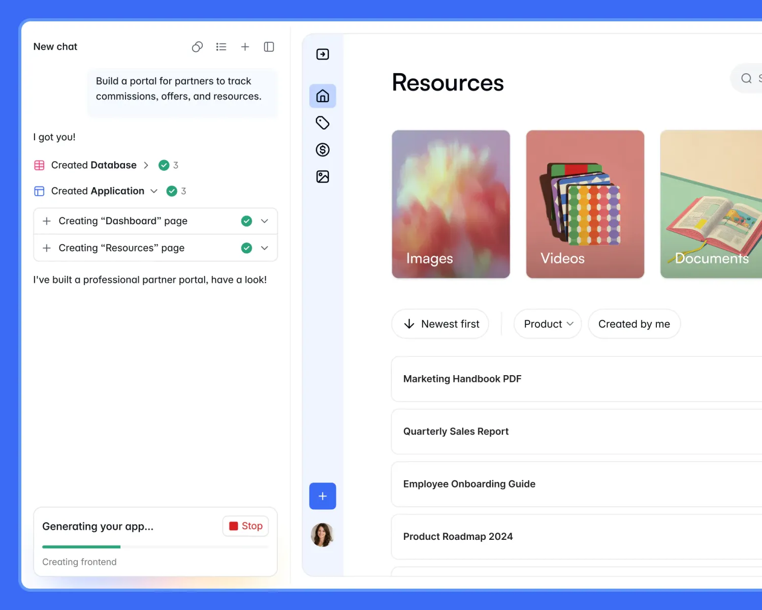 Softr AI Co-Builder chat responding to a prompt to build a partner portal, showing the database and application it created alongside the generated Resources page listing marketing documents
