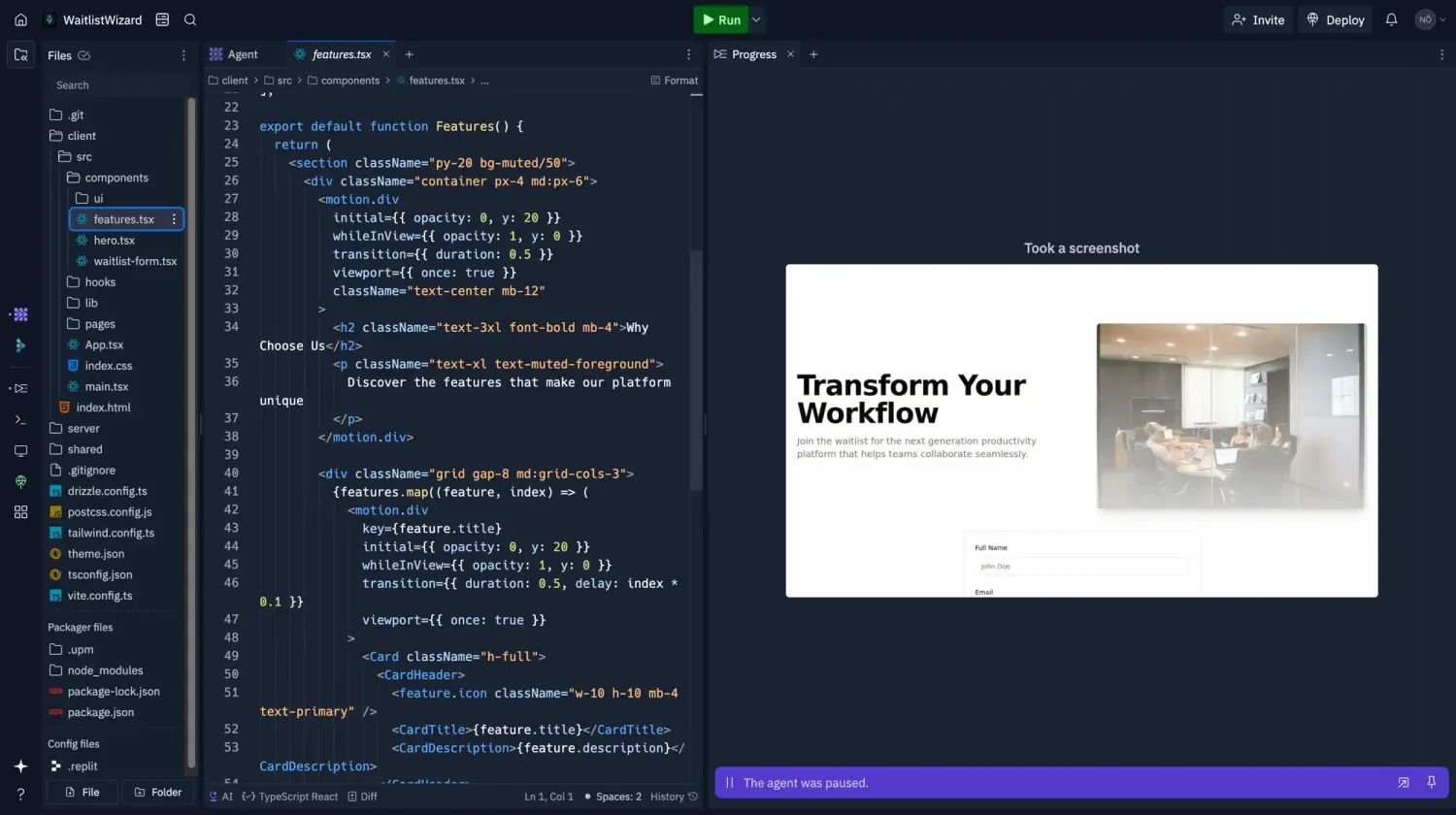 Replit workspace showing a project file tree, a features.tsx React component open in the editor, and an Agent progress panel with a screenshot of the generated waitlist landing page