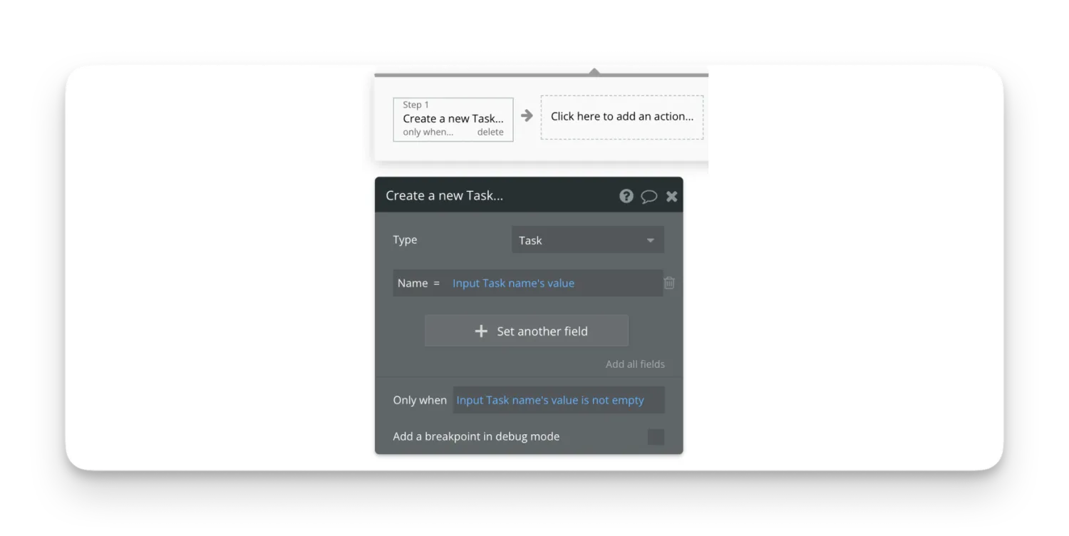 Bubble editor workflow panel with a Create a new Task step open, showing Type, Name, and an Only when condition set to run when the task name is not empty