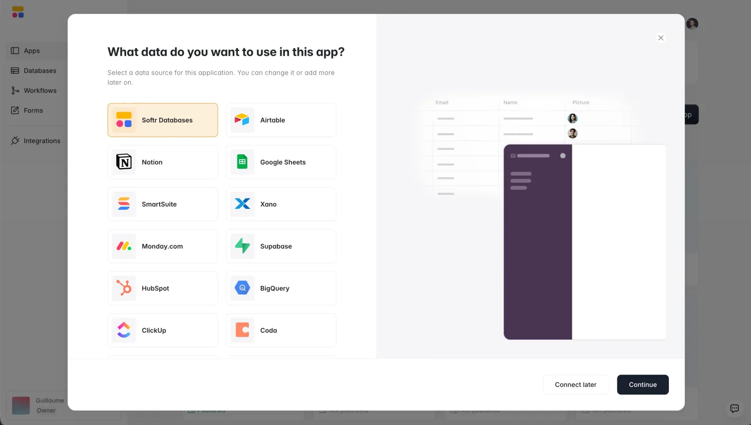 Softr data source picker with Airtable listed alongside Softr Databases, Notion and Google Sheets
