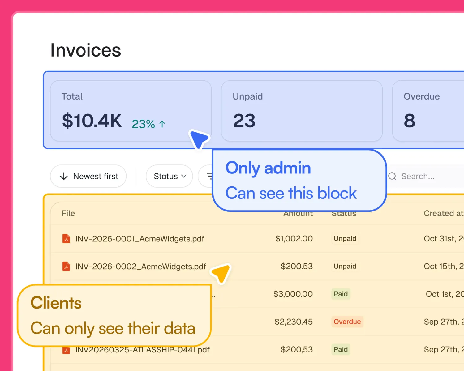 Softr app showing a block visible only to admins and an invoice table filtered so clients see only their own records