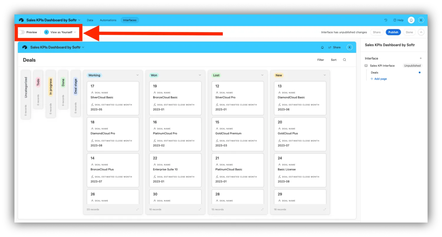 The Preview toggle highlighted in the top-left of the Airtable Interface Designer