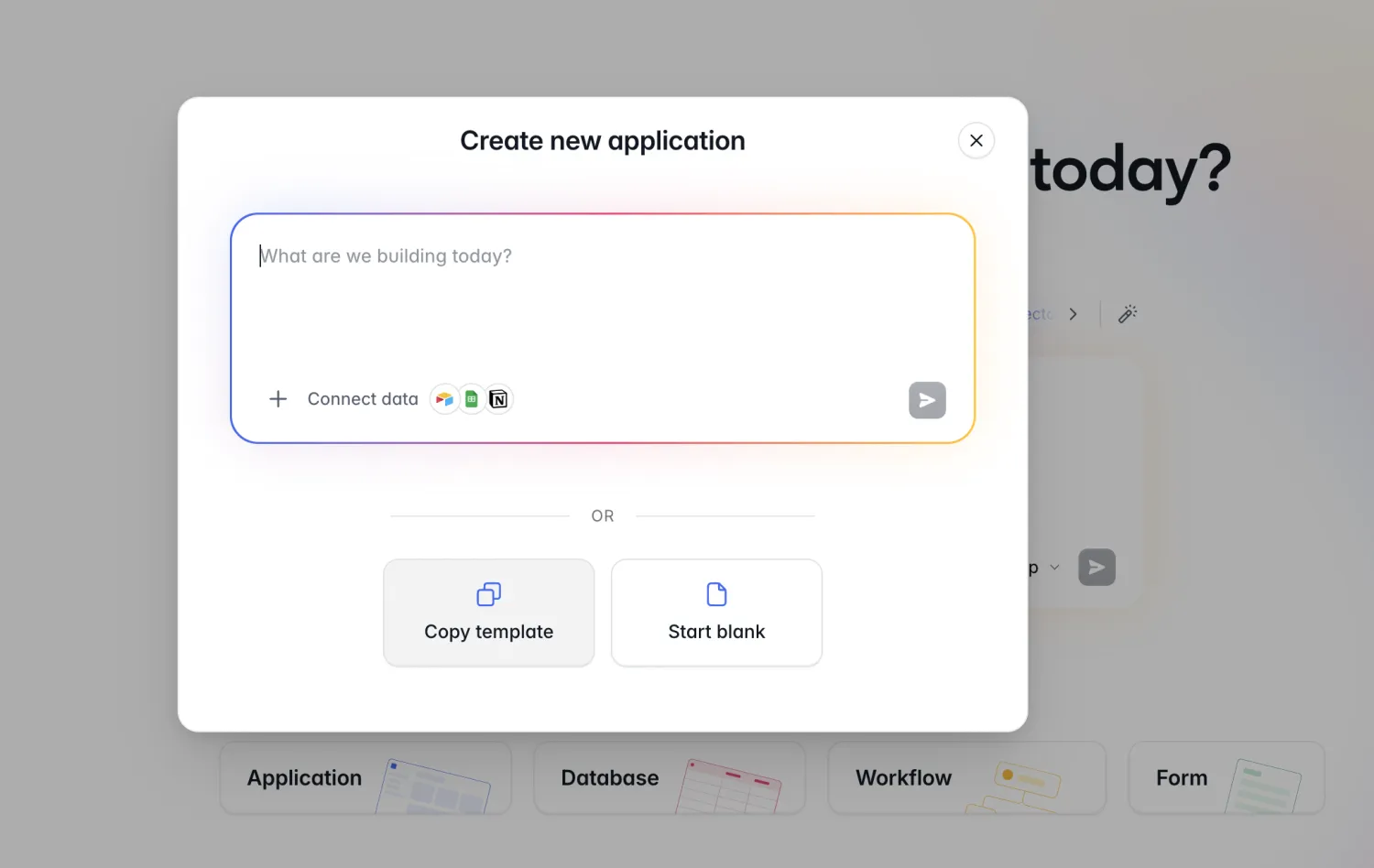 Softr's Create new application window with the Copy template and Start blank options