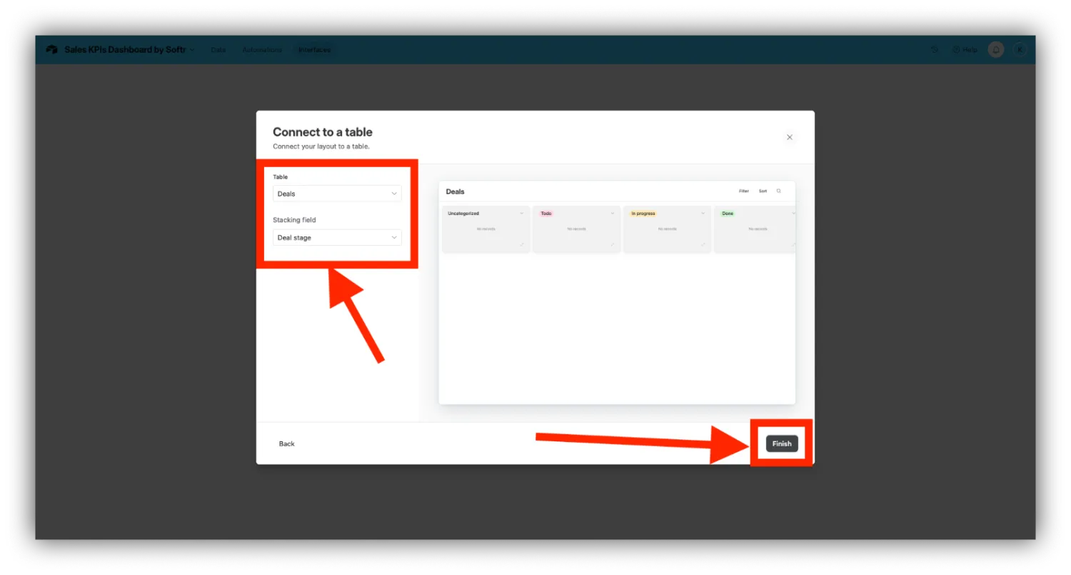 Airtable's Connect to a table dialog with the Deals table and Deal stage stacking field selected