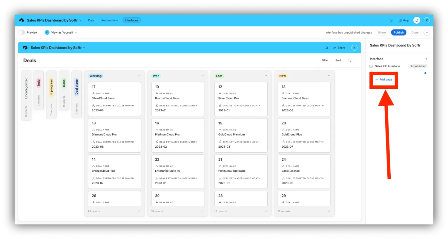 The Add page button highlighted in the right-side panel of an Airtable interface