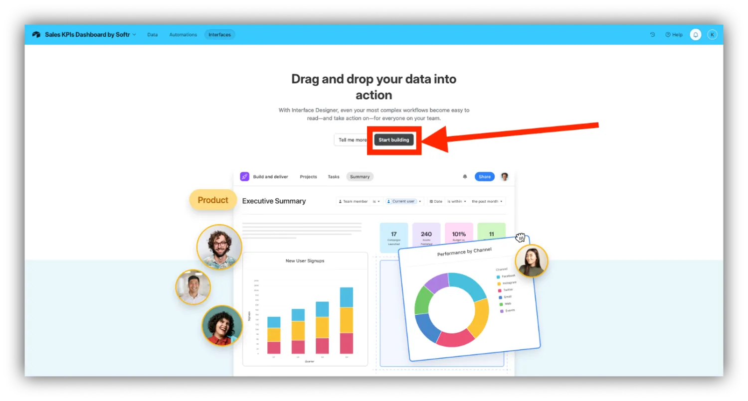 Airtable's Interface Designer landing screen with the Start building button highlighted