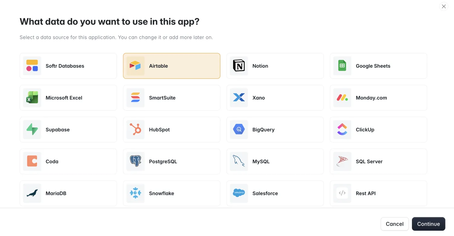 Airtable selected in Softr's data source picker, next to Softr Databases, Notion, and Google Sheets