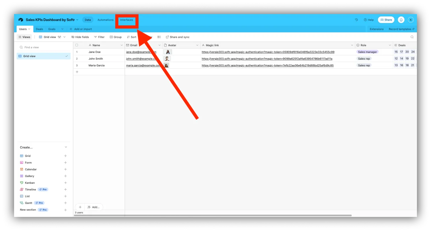 The Interfaces tab highlighted in the top bar of an Airtable base
