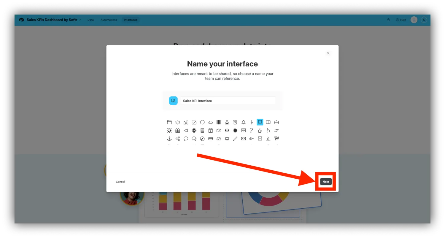 Airtable's Name your interface dialog with a name field, icon picker, and Next button