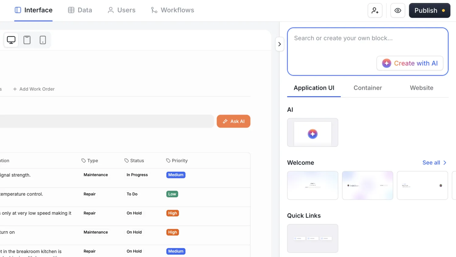 Softr Studio's add-block panel with a search field, Create with AI, and Application UI blocks