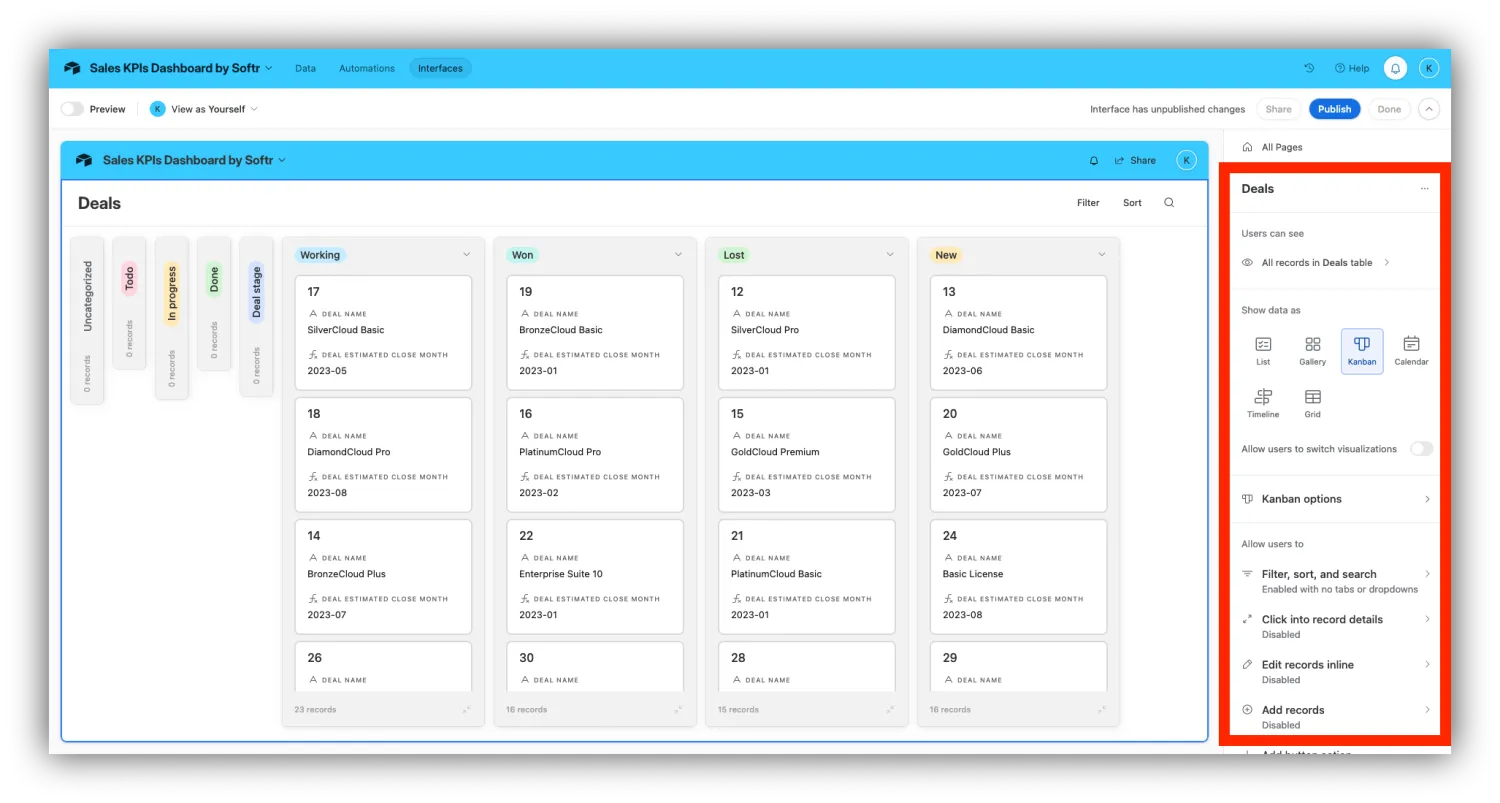 Airtable interface customization panel setting visualization type and user permissions for a Kanban of deals