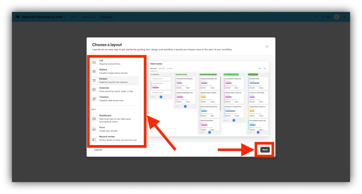 Airtable's Choose a layout dialog listing List, Gallery, Kanban, Calendar, and Timeline options