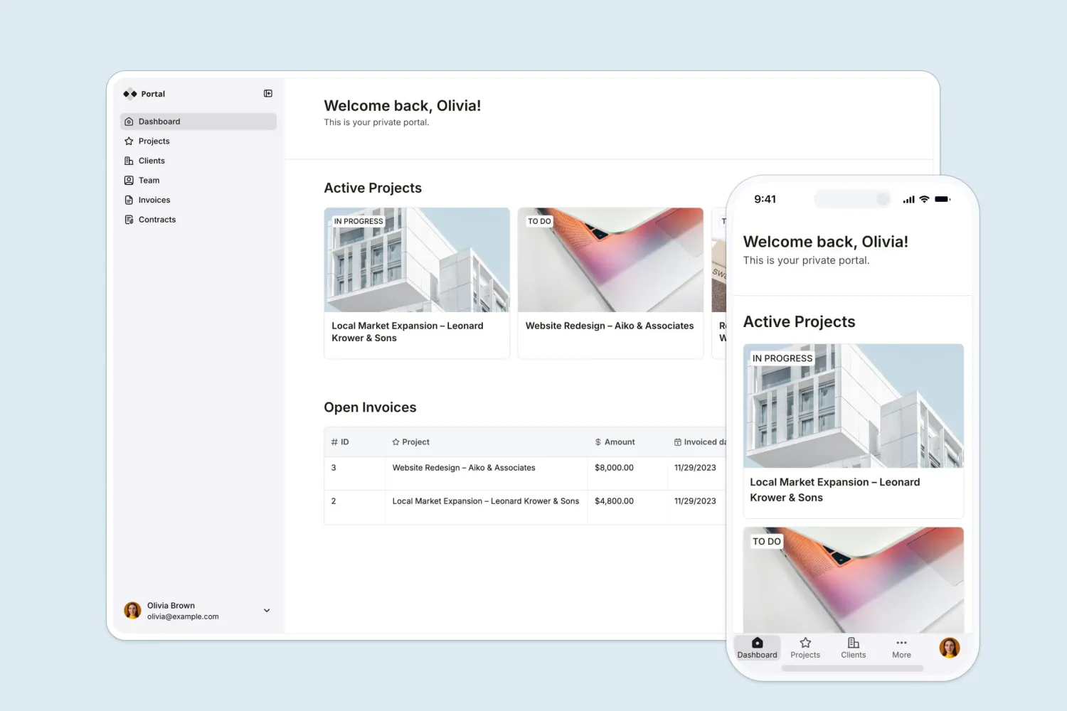 A Softr client portal showing active projects and open invoices on desktop and mobile