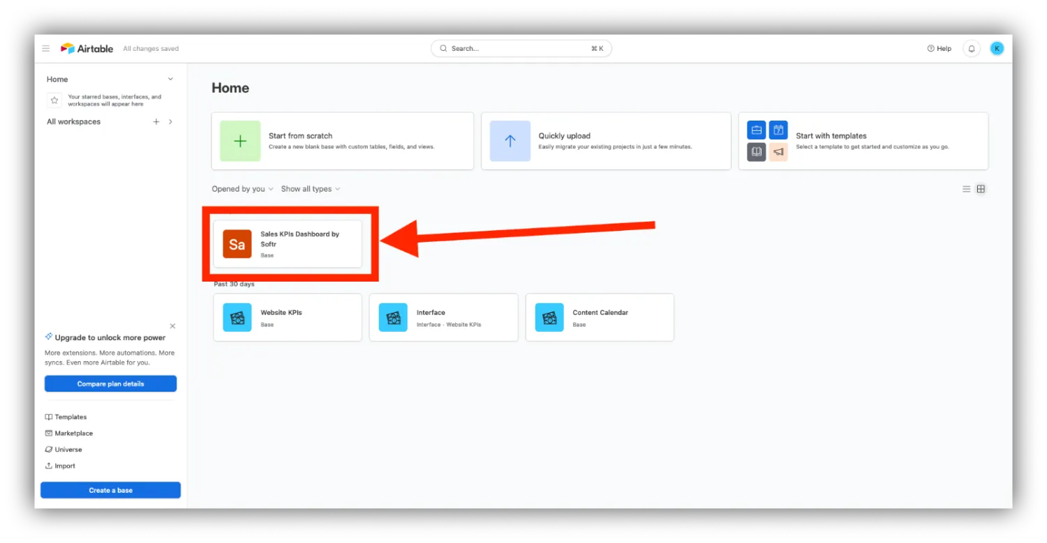 Airtable home screen with the Sales KPIs Dashboard base highlighted