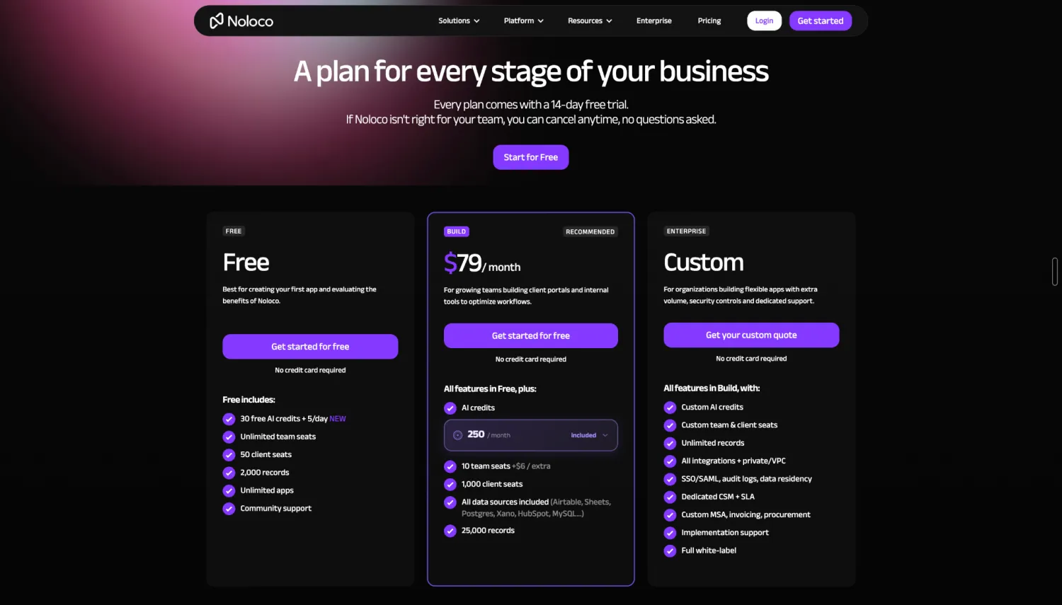 Noloco pricing page showing the Free, Build, and Enterprise plans side by side