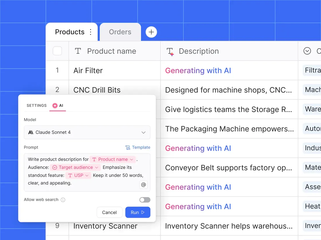 Softr Databases table with an AI field generating product descriptions row by row