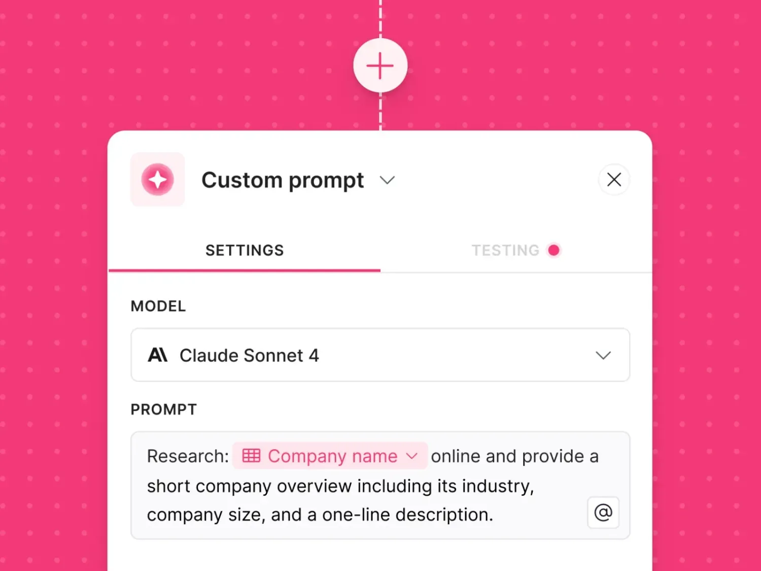 Custom prompt step in a Softr workflow, set to research a company name and return a short overview
