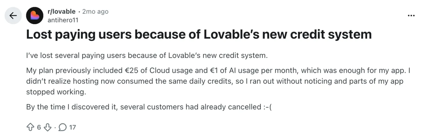 Reddit post about losing paying customers after Lovable's new credit system caused an app to stop working