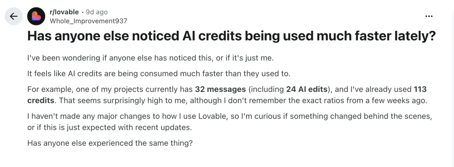 Reddit post asking if AI credits are being used up faster on Lovable