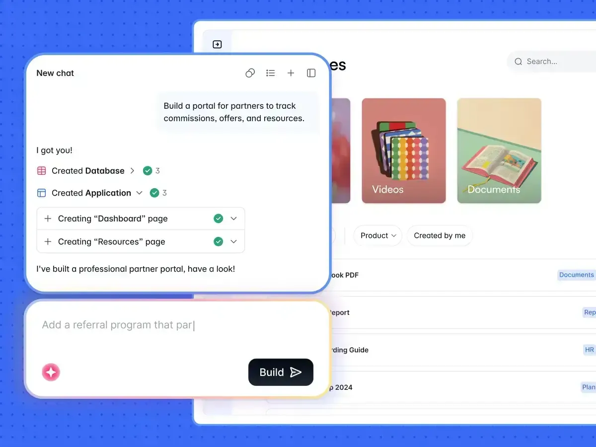 Softr AI Co-Builder chat building a partner portal from a prompt