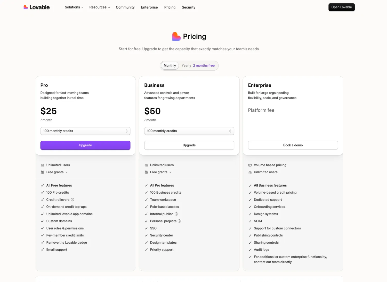 Lovable pricing page showing Pro, Business, and Enterprise plan cards