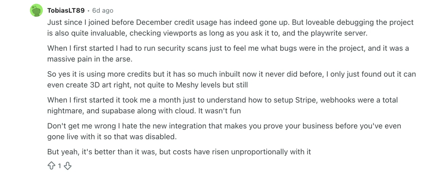 Reddit comment about rising credit usage but more built-in Lovable features like debugging and viewport checks