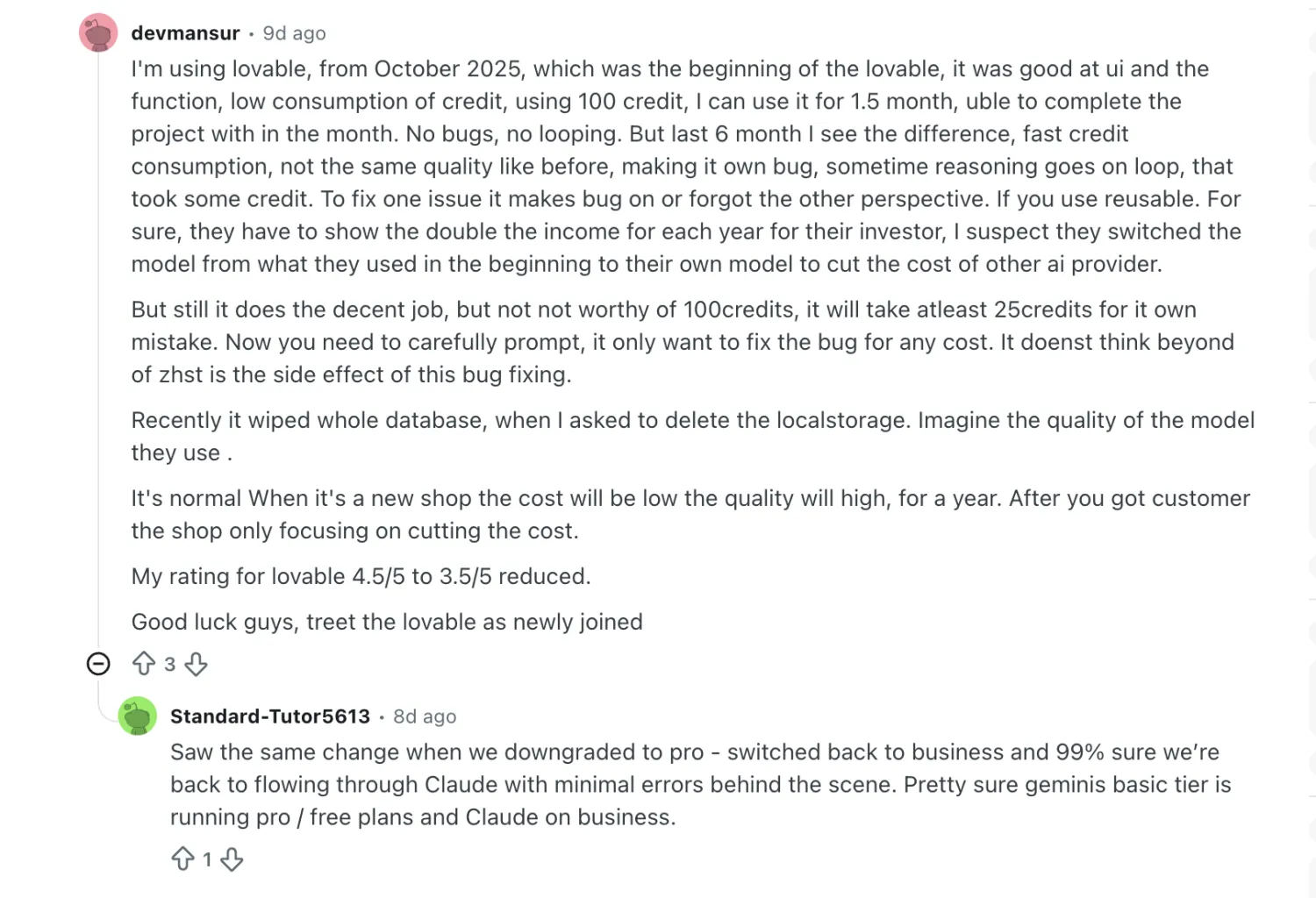 Reddit comment describing faster credit consumption compared to when the user joined Lovable in October 2025