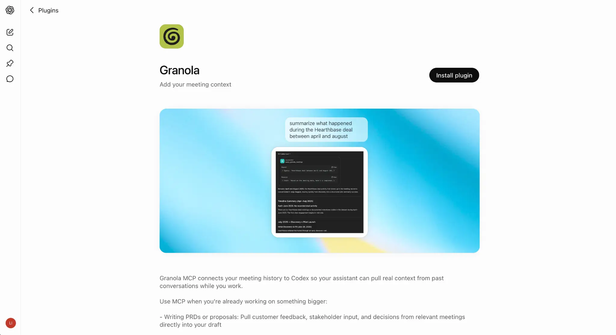 The Granola MCP plugin page in ChatGPT Plugins.
