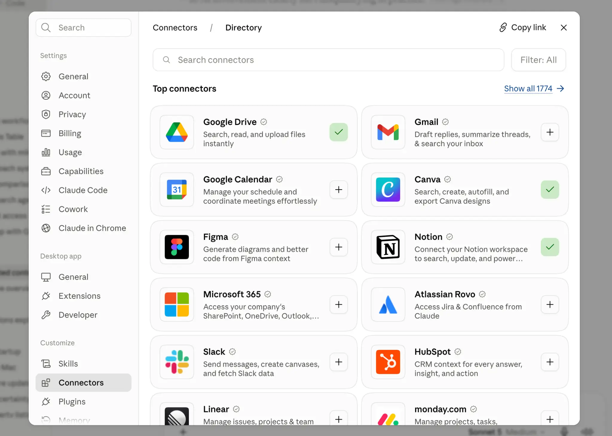 List of connectors in the Claude desktop app