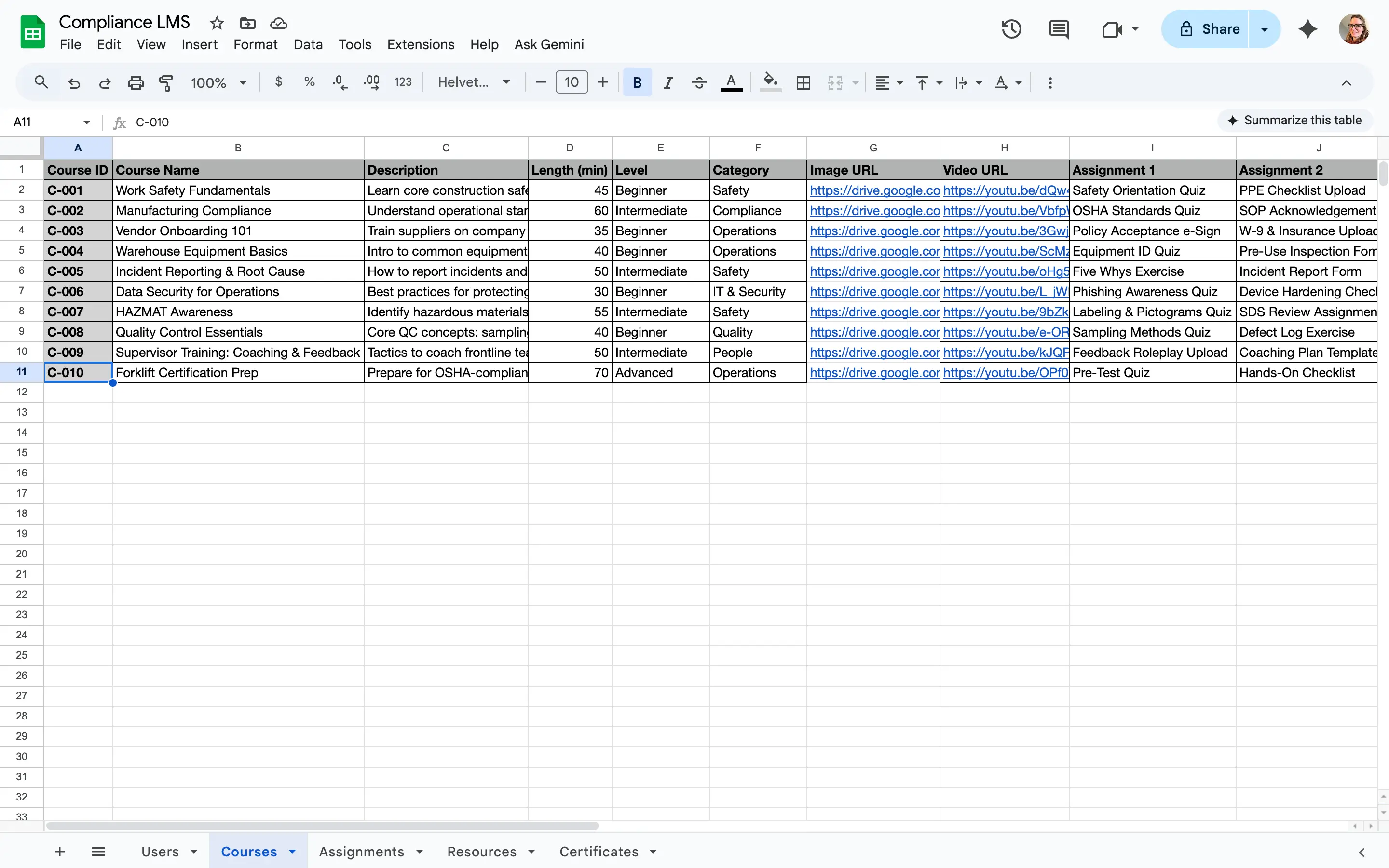 Google Sheets interface