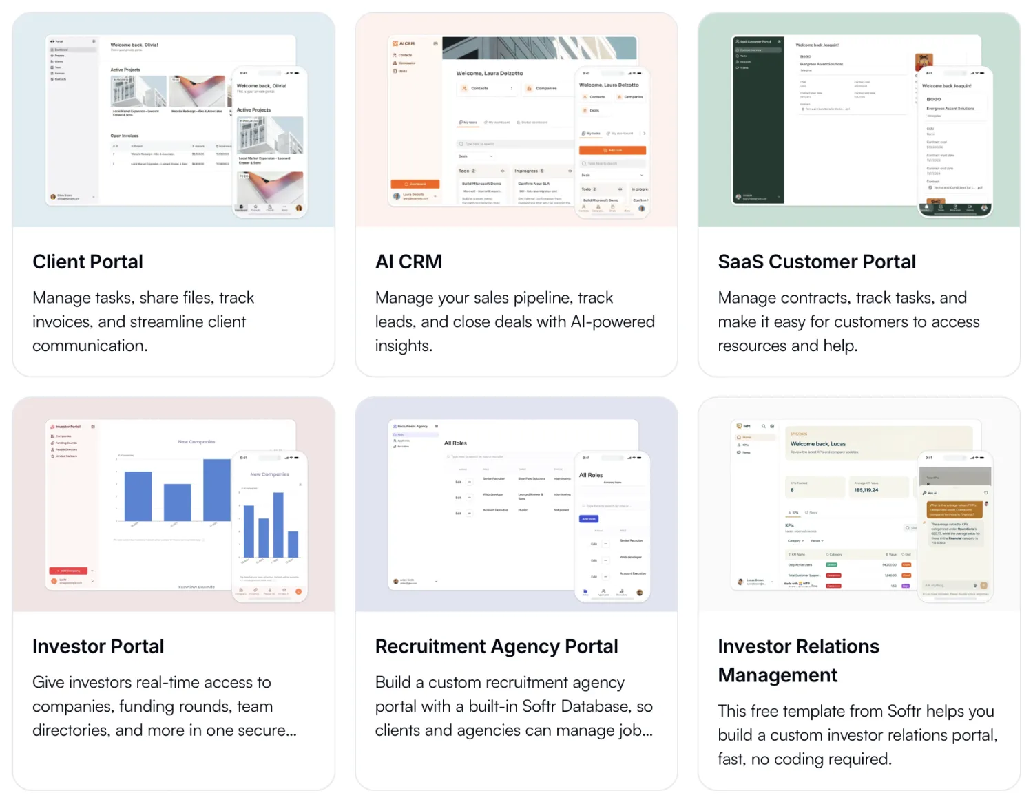 Softr template gallery showing six internal tool templates, including Client Portal, AI CRM, SaaS Customer Portal, Investor Portal, Recruitment Agency Portal, and Investor Relations Management, each with a desktop and mobile preview