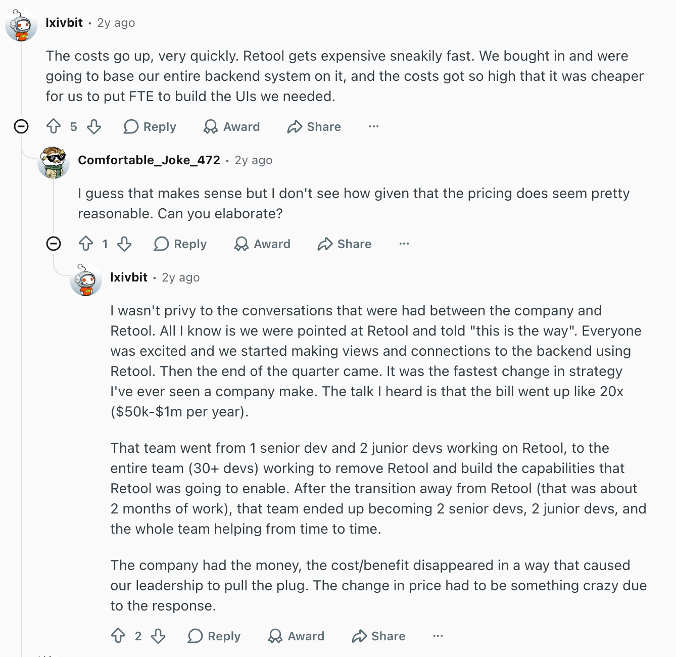 Reddit user describing Retool costs