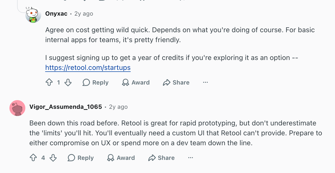 Retool user in Reddit describing costs