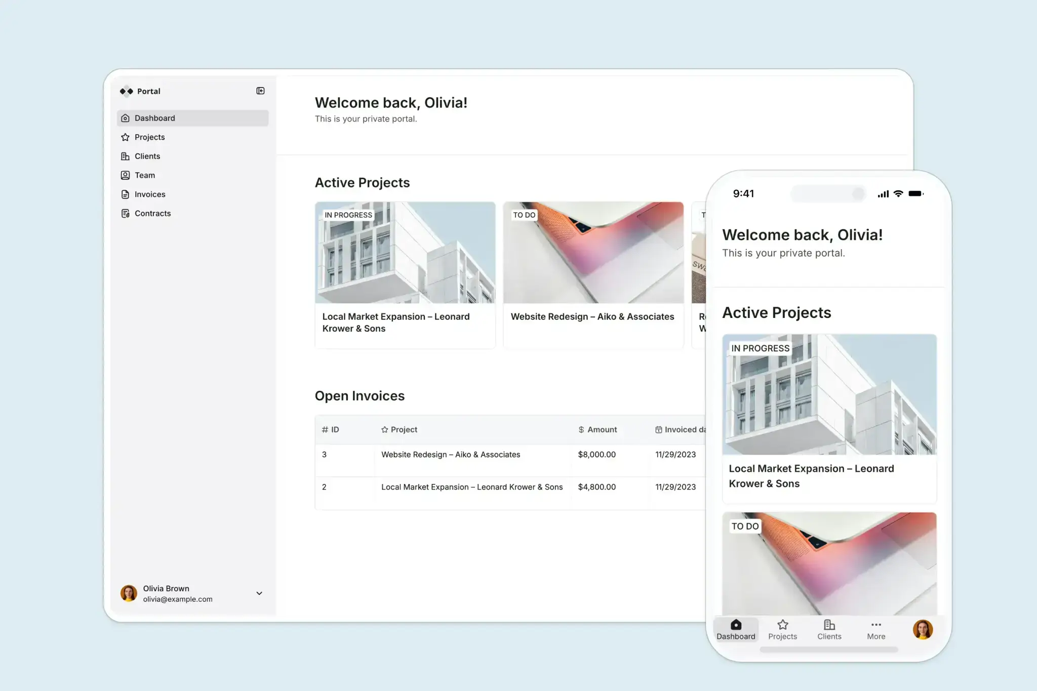 Softr's client portal template breaking down invoices
