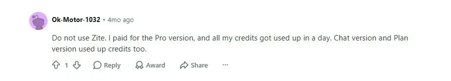 Reddit user complaining about Zite's pricing