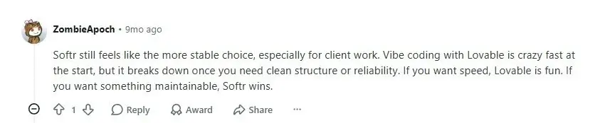 Reddit user talking about Softr's stability