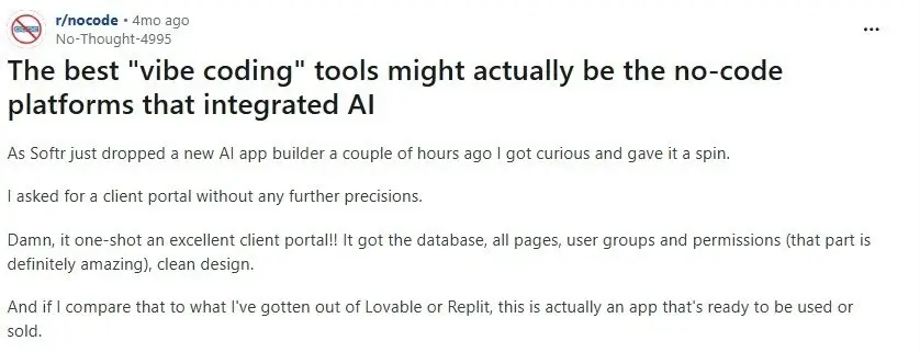 Reddit user talking about Softr's AI app builder