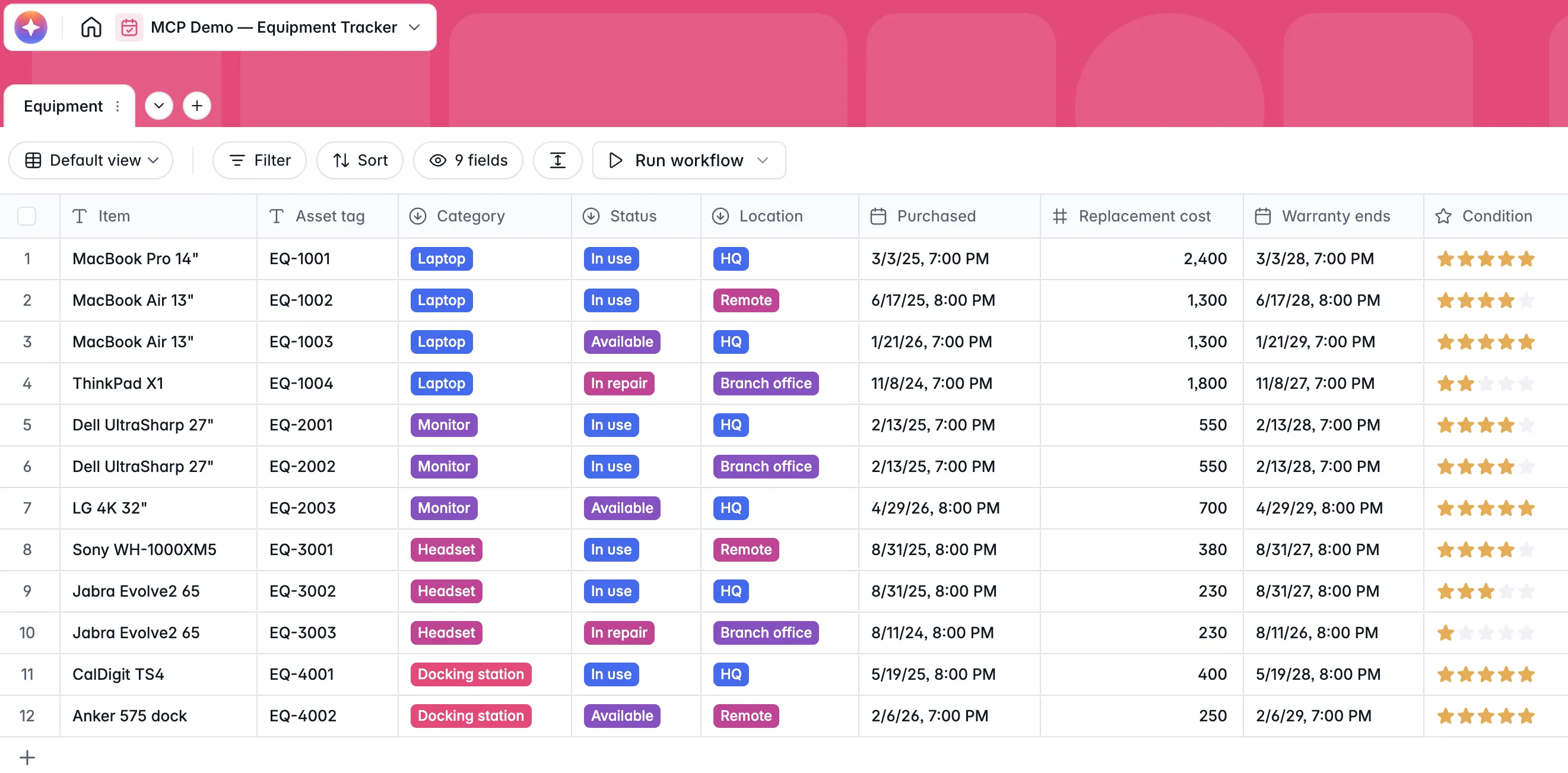 Softr Database table called Equipment, showing 12 equipment records across 9 fields including category, status, location, replacement cost, and a star condition rating