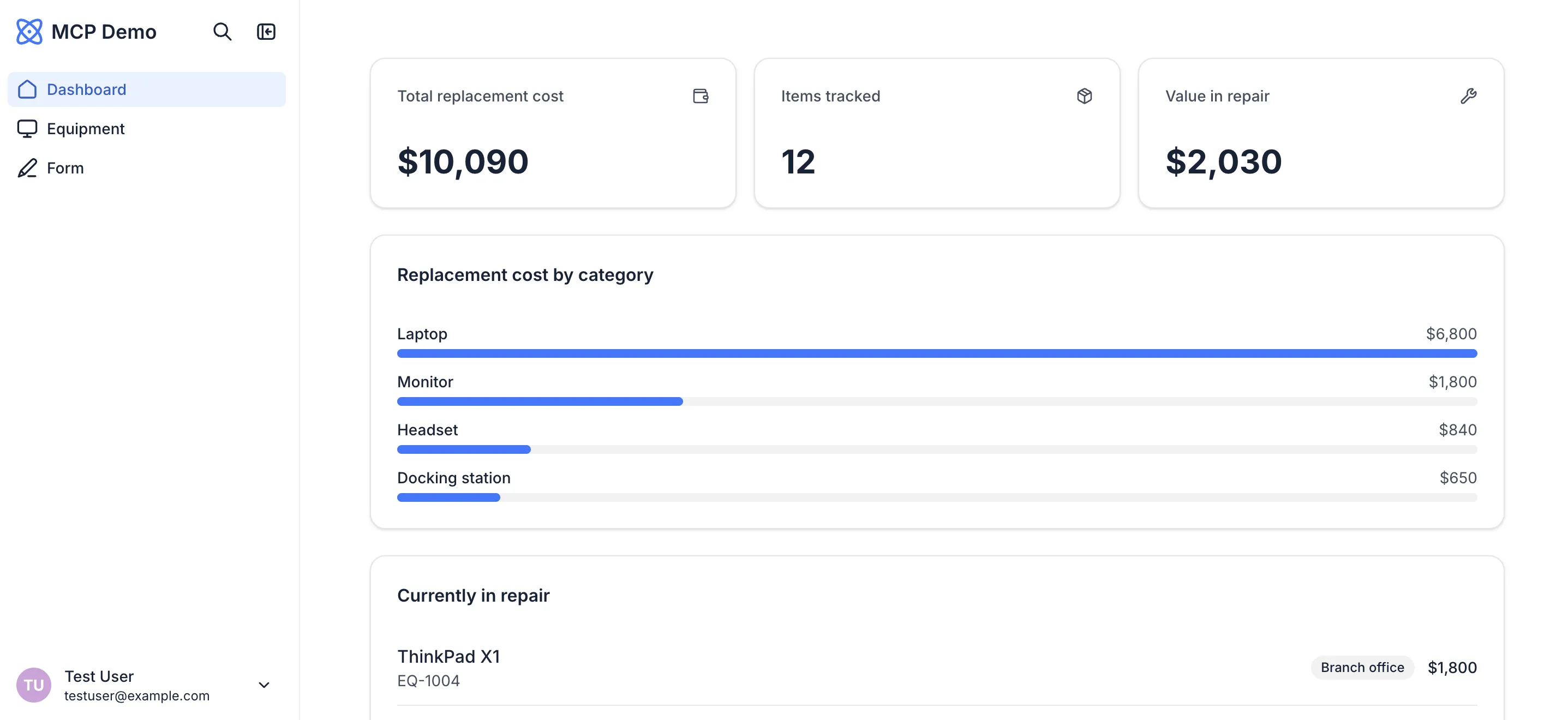 Softr app dashboard built as a vibe coding block, showing KPI cards for total replacement cost, items tracked and value in repair, a replacement cost by category breakdown, and a list of items currently in repair