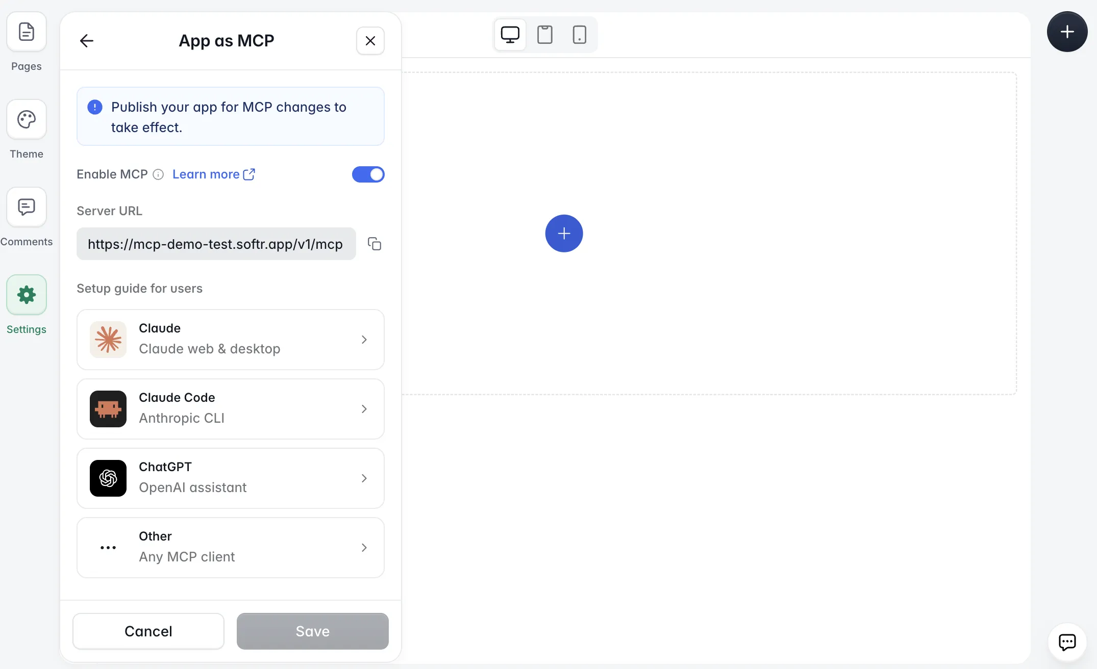 Softr Studio's App as MCP settings panel with MCP enabled, the app's server URL, and setup guide cards for Claude, Claude Code, ChatGPT and other MCP clients