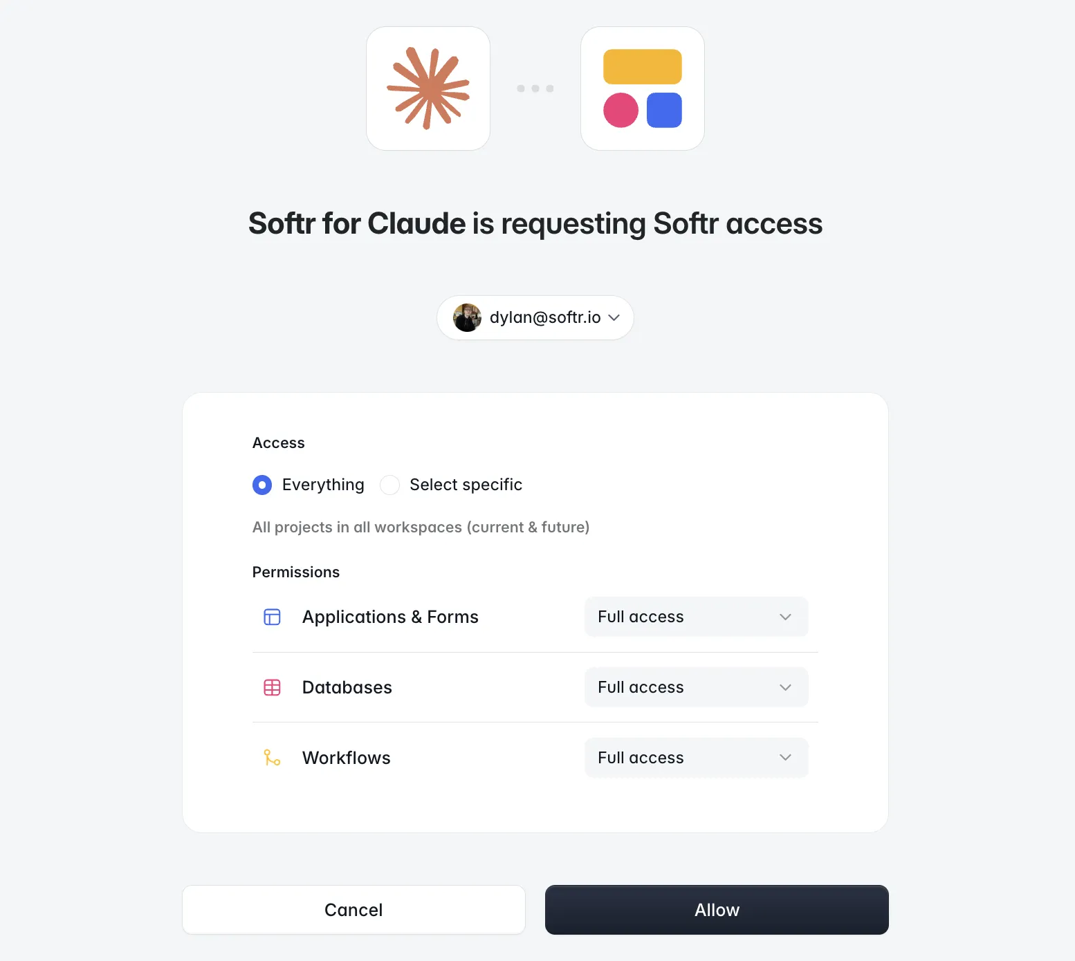 Softr's OAuth authorization screen in Claude, showing access scoped to all workspaces with full access to Applications and Forms, Databases, and Workflows