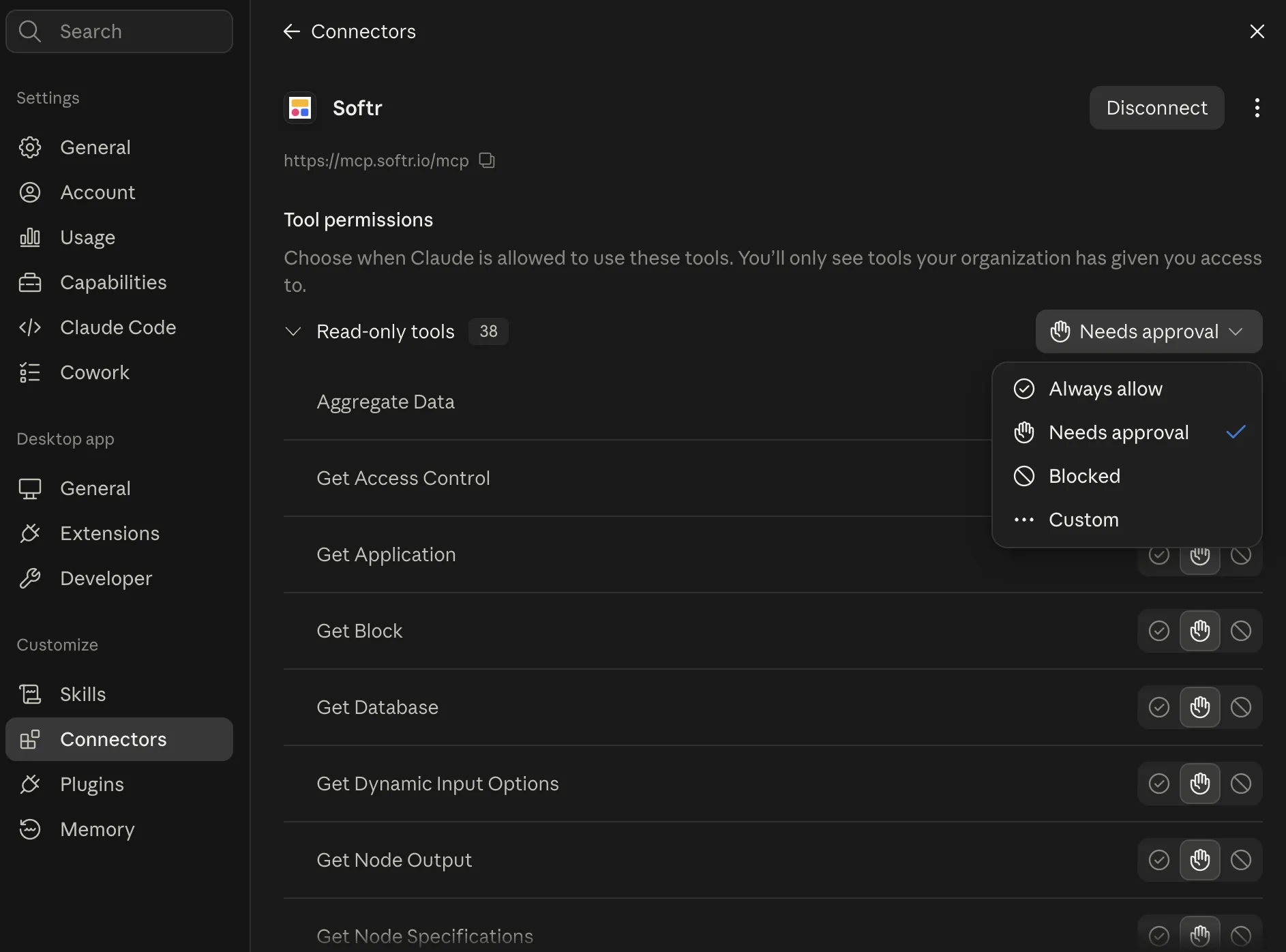 Claude's connector settings for Softr, showing 38 read-only tools with per-tool permission options of always allow, needs approval, or blocked