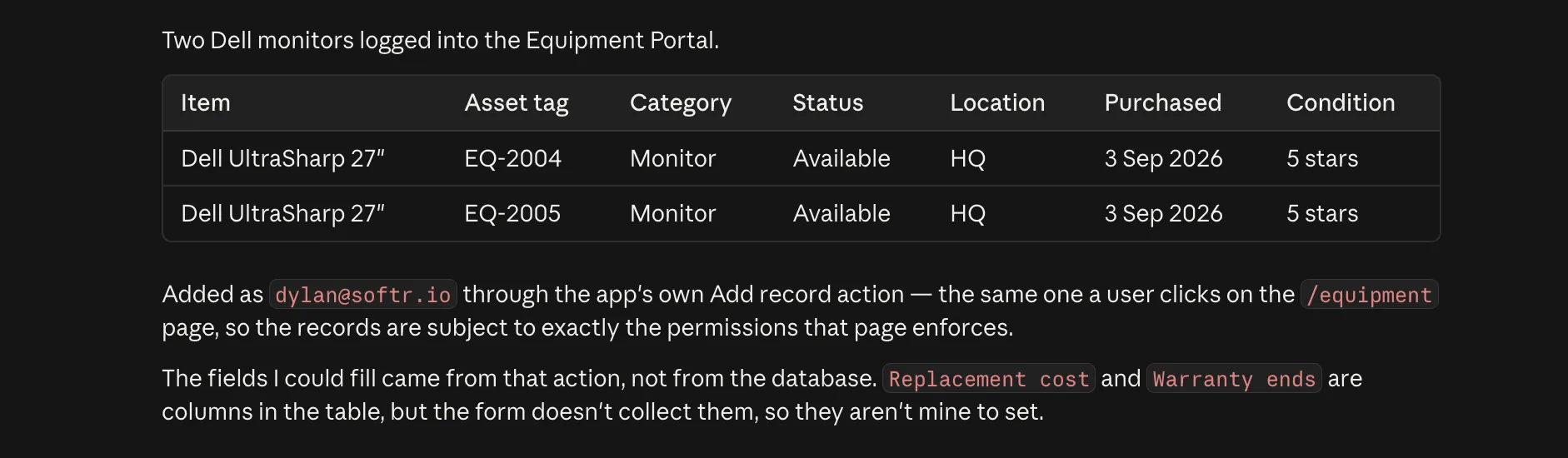 Claude confirming it added two Dell UltraSharp monitors to the Equipment Portal as a signed-in app user, in a table showing asset tag, category, status, location, purchase date and condition