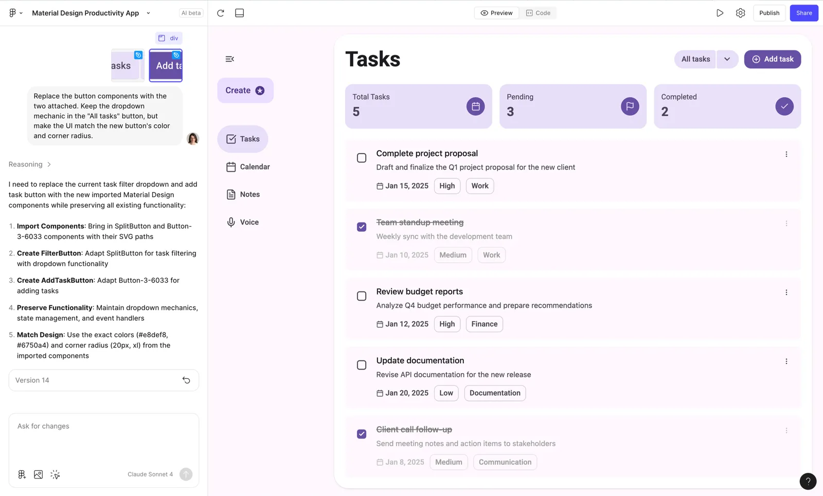 Figma Make editing a task app interface