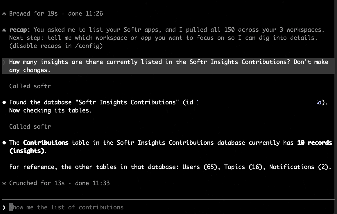 Claude Code answering questions about connected Softr apps