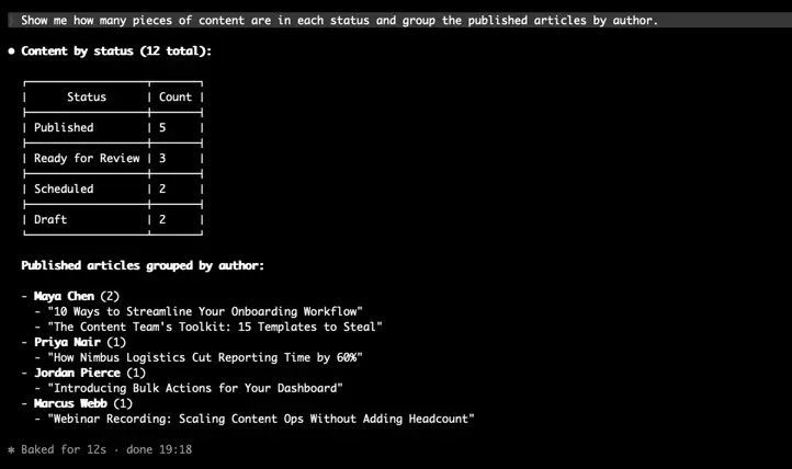 Claude Code querying a Softr database to summarize content by status and group published articles by author.