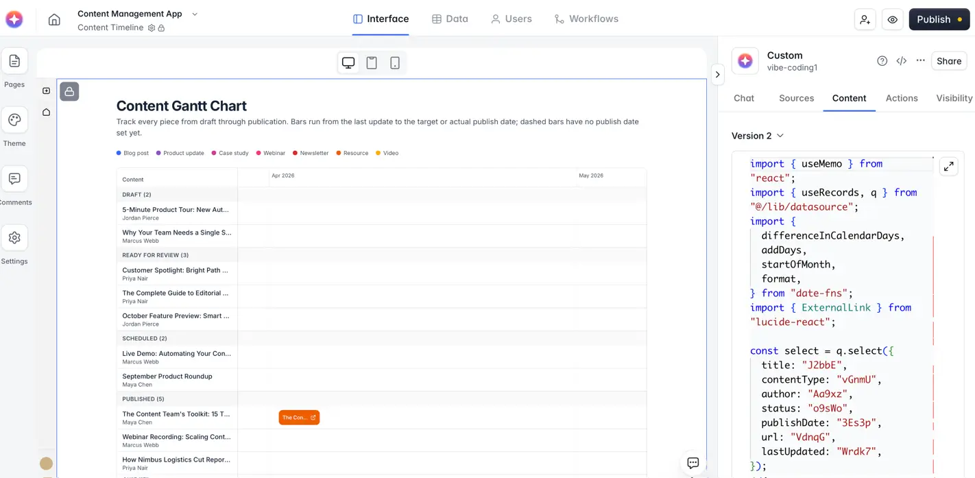 Softr builder showing a custom Content Gantt Chart created with a Vibe Coding block and connected to content management data.