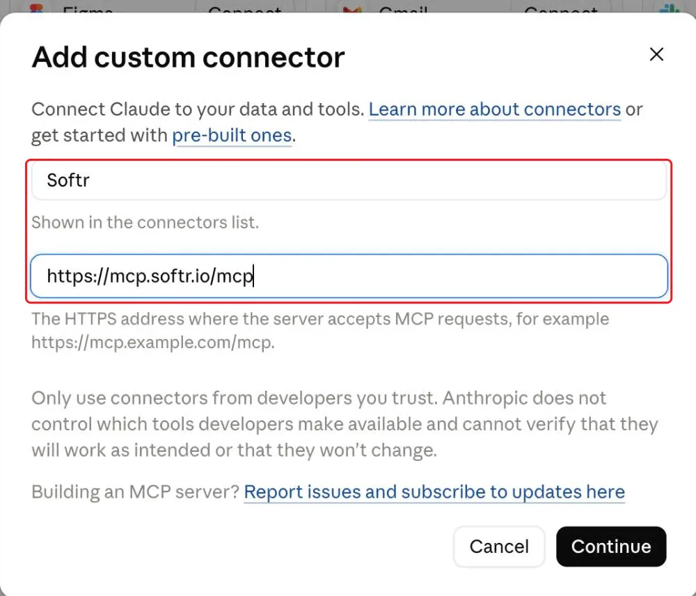 Claude's Add custom connector dialog with the name Softr and the MCP server URL entered